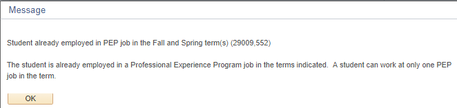 An error message stating that a student is already employed in a PEP job for the given term
